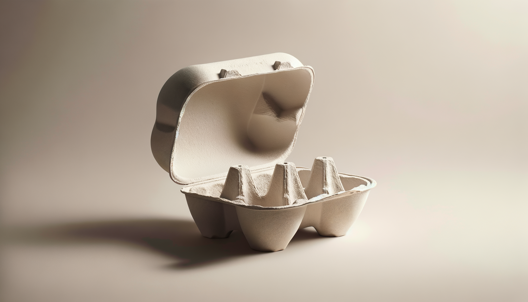 Open egg carton with empty egg slots on plain background.