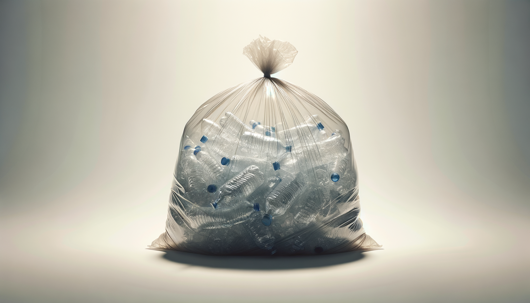 A transparent plastic garbage bag filled with crushed plastic water bottles, tied at the top, against a plain background.