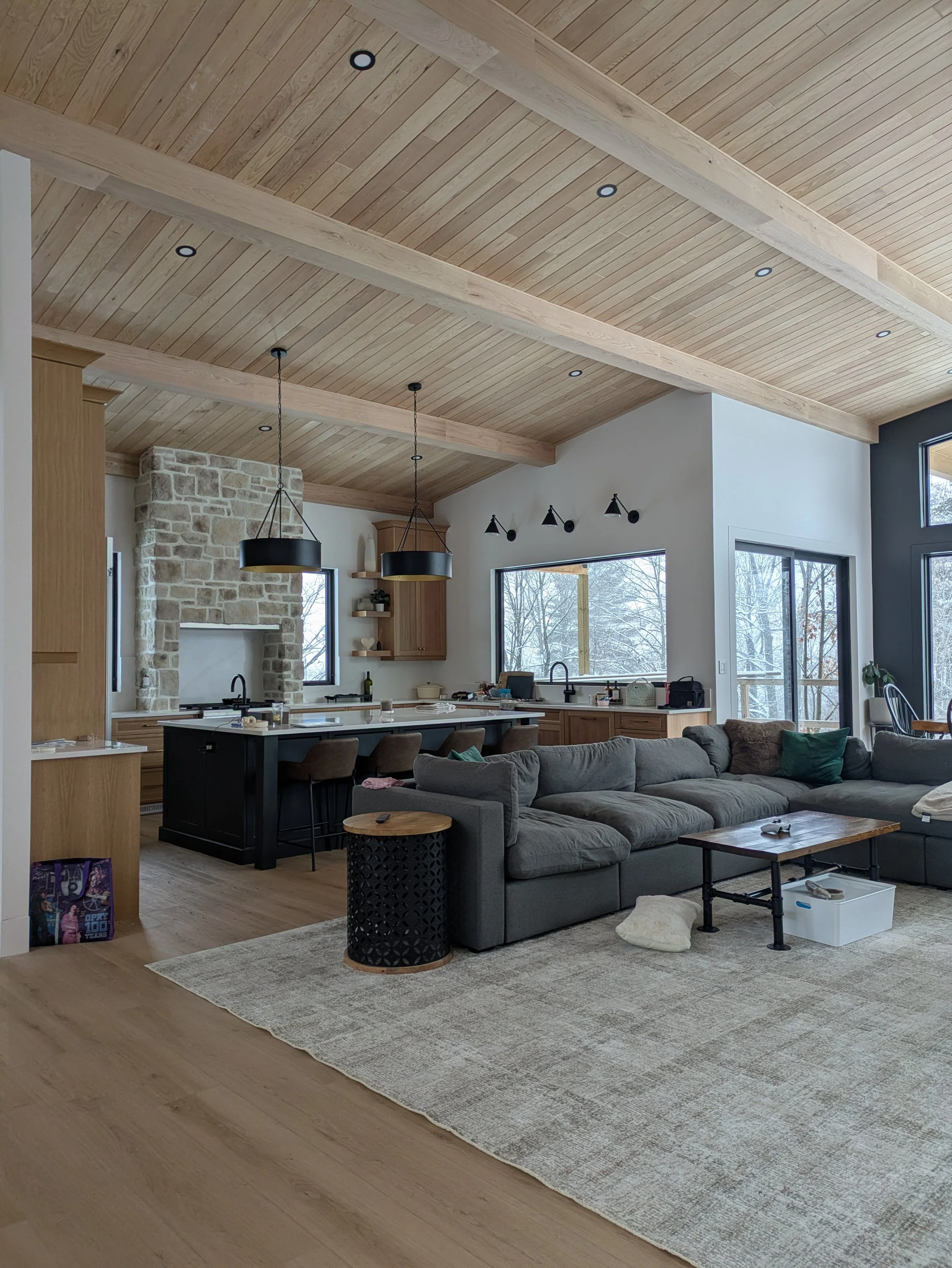 Open concept living room and kitchen with high wooden ceiling, large windows, and modern furniture.