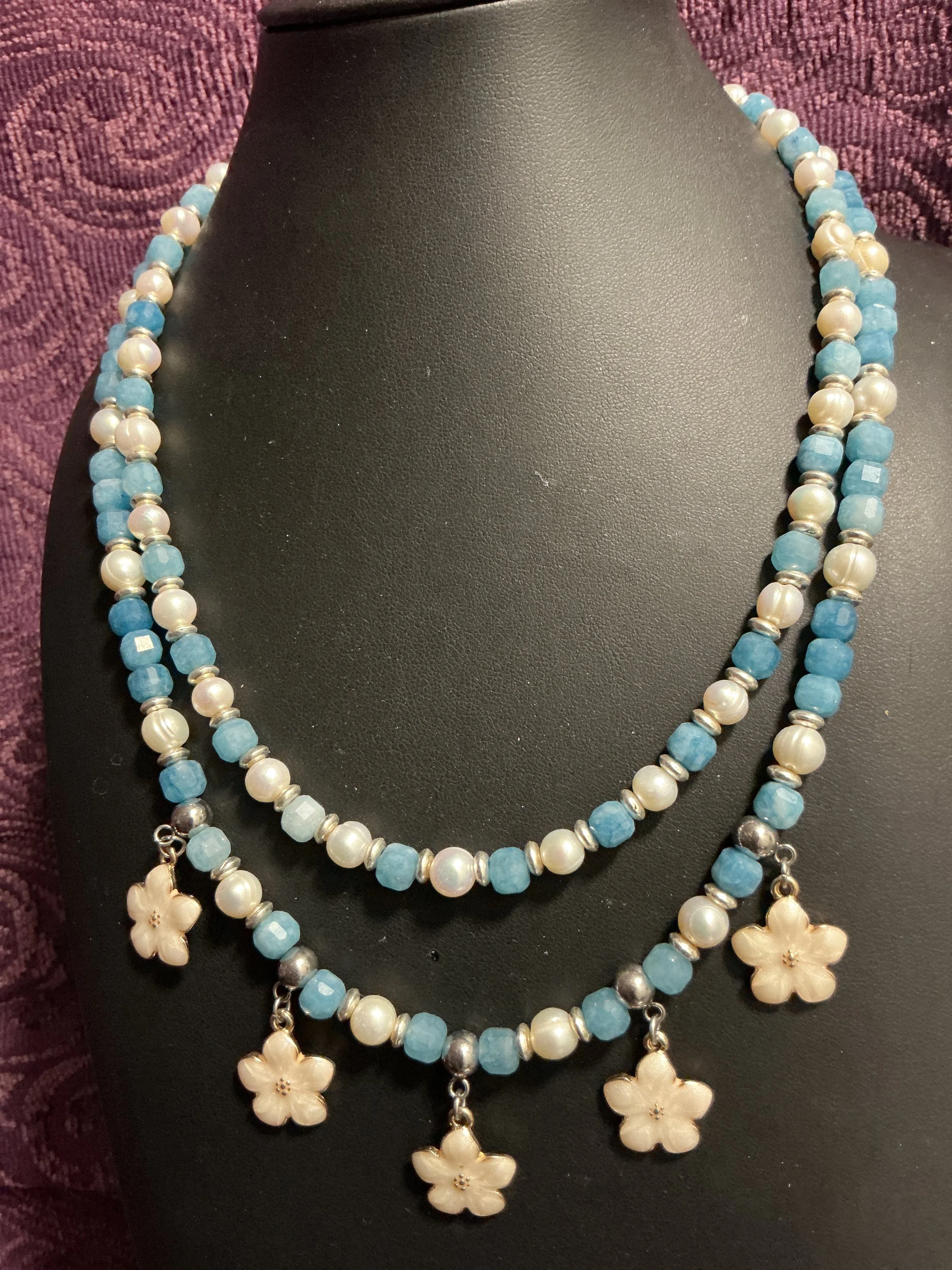 Blue Jean Flower Necklace & Earrings