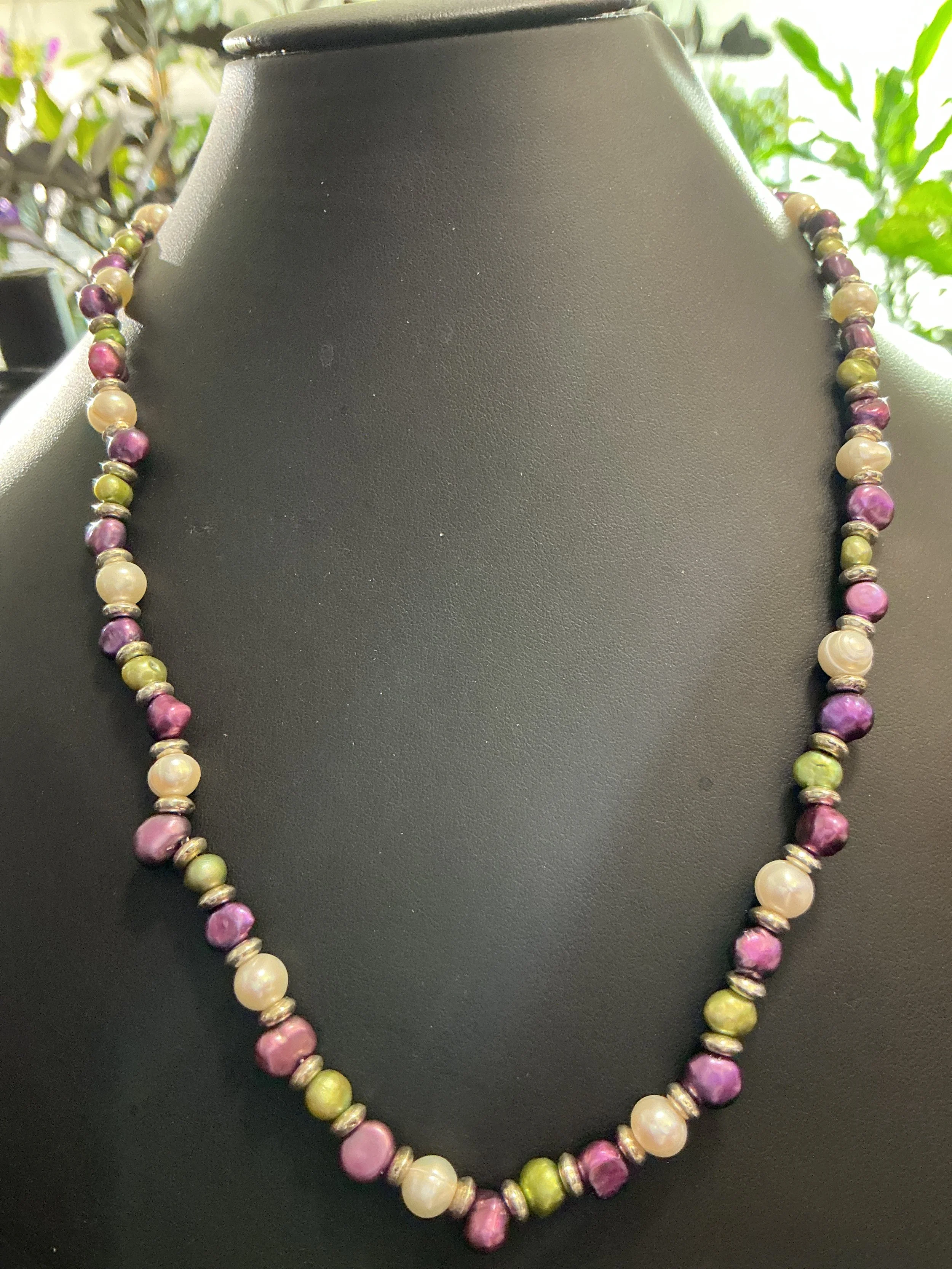 SS White Purple & Green Pearl Necklace & Earrings