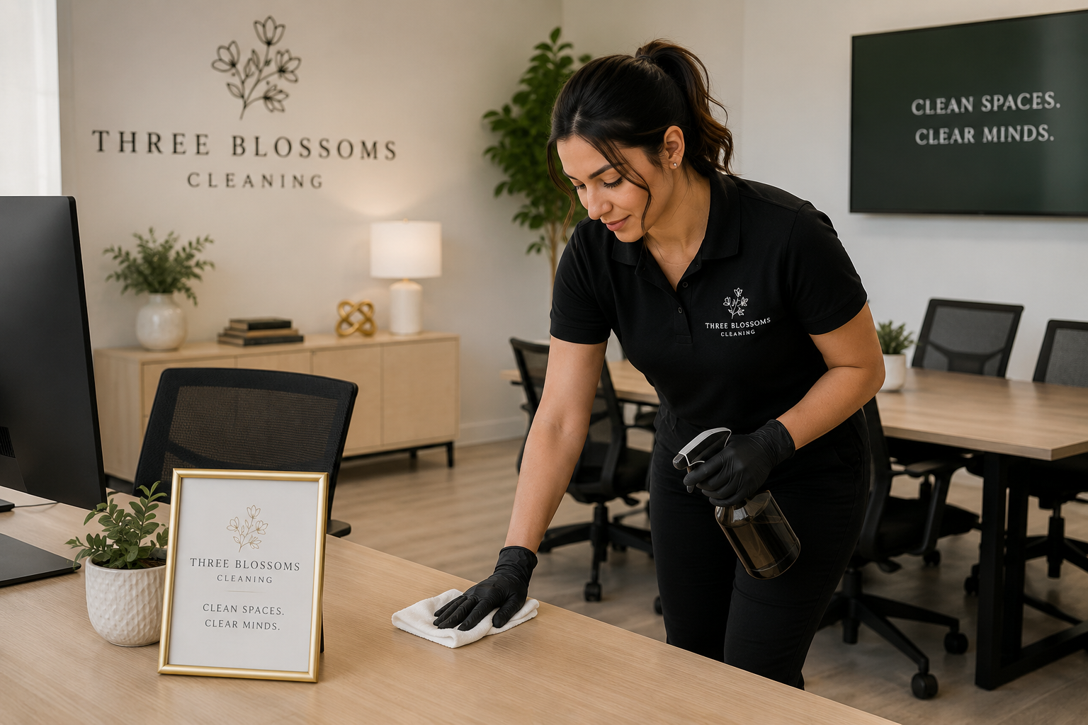 A woman in a black uniform cleaning a desk in an office, wearing black gloves and holding a spray bottle and cloth. The office has a sign on the wall that says "Three Blossoms Cleaning" and a framed sign that reads "Clean spaces. Clear minds." with some potted plants and a table with chairs.