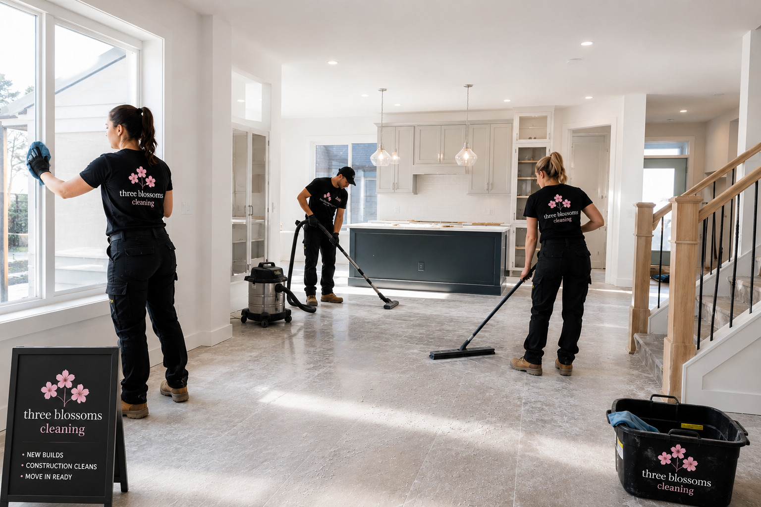Three cleaning workers from Three Blossoms Cleaning in a new, modern kitchen, cleaning the floor with vacuums and mops during a construction clean.
