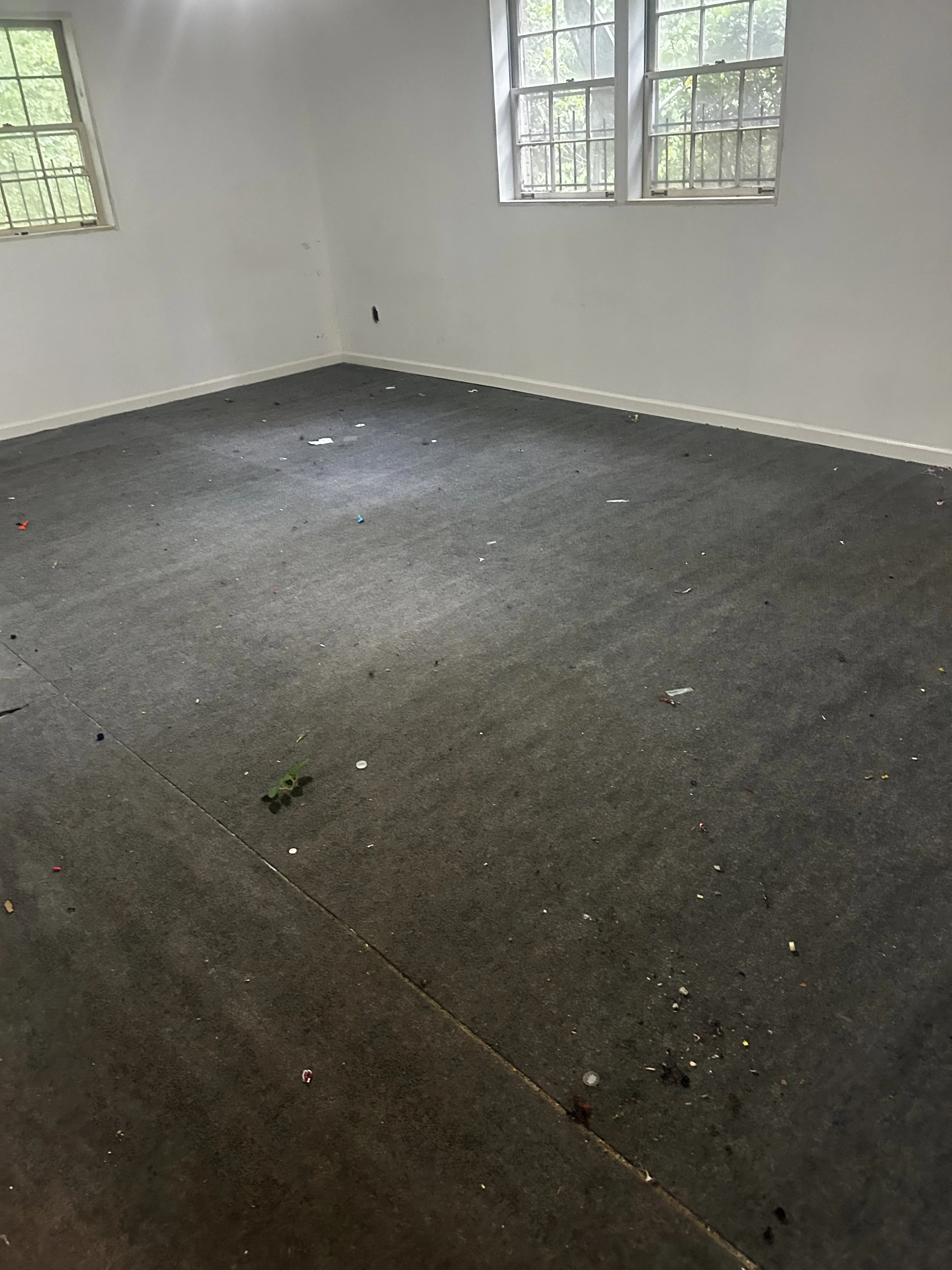 Empty room with large windows, white walls, dark gray carpeted floor with scattered trash, and visible electrical outlet.