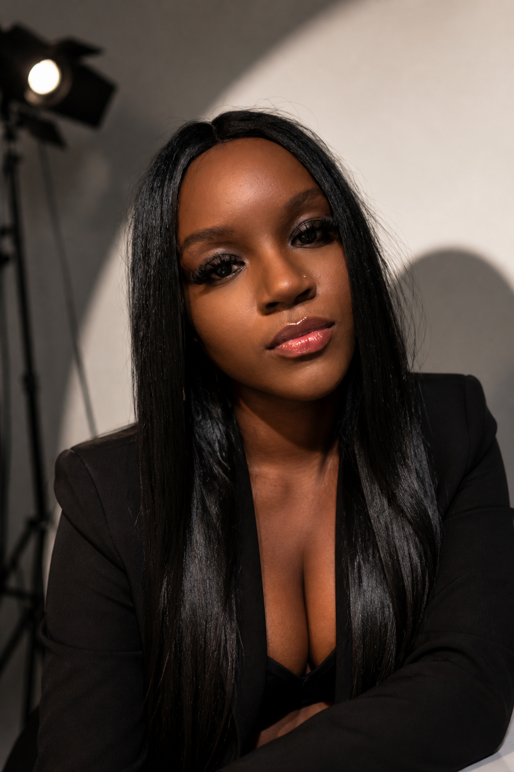 A young woman with long straight black hair, wearing a black blazer, looking at the camera with a confident expression.