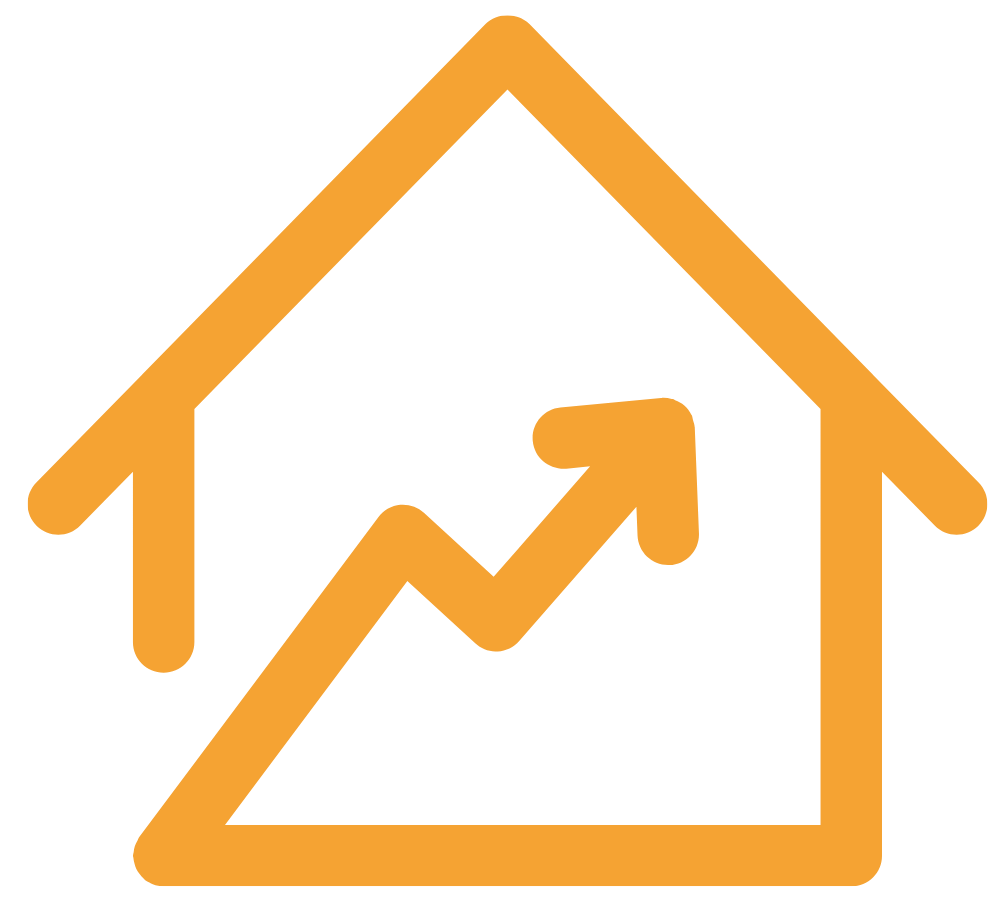 Orange outline of a house with an upward trending arrow inside, indicating growth or increase.