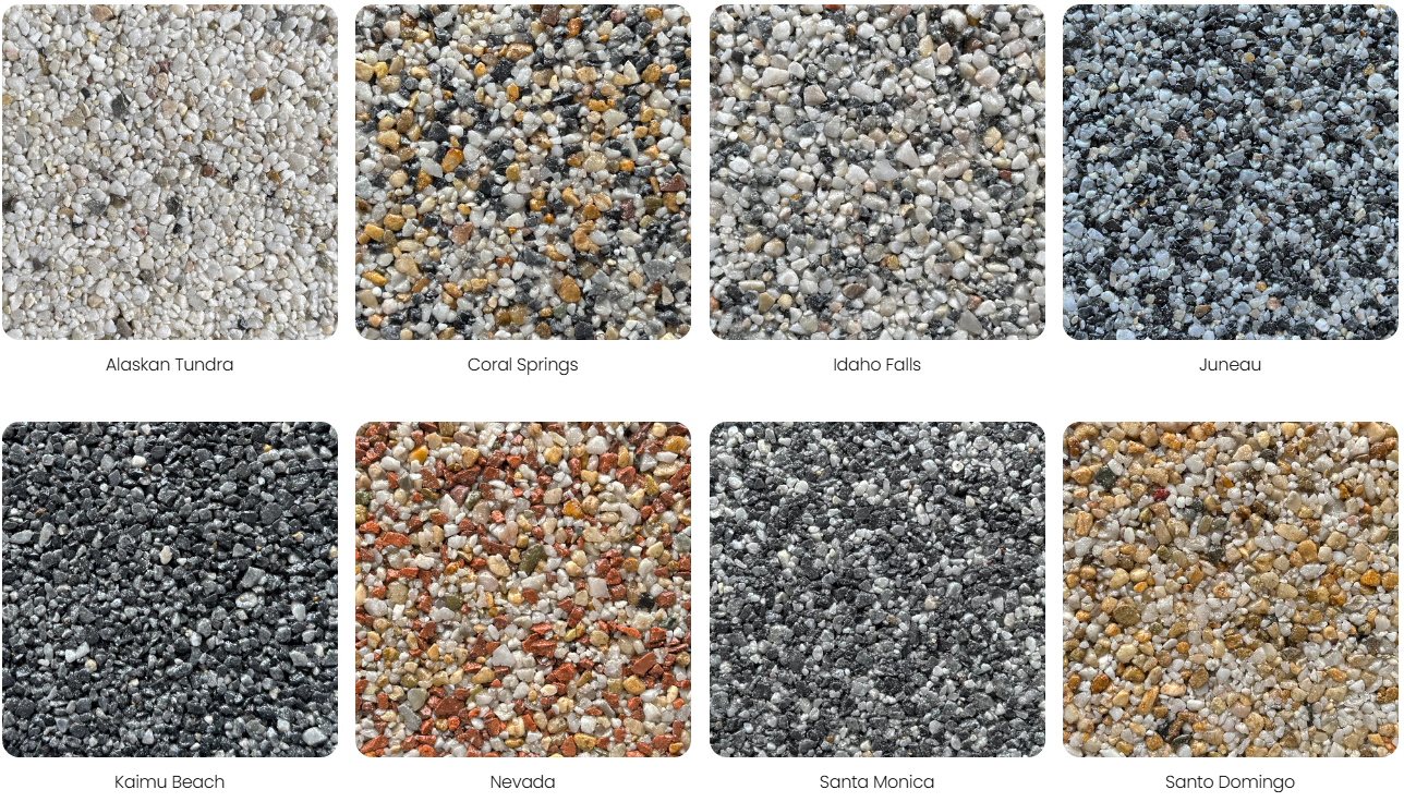 A grid of eight different small gravel and pebble textures from various locations, including Alaskan Tundra, Coral Springs, Idaho Falls, Juneau, Kaimu Beach, Nevada, Santa Monica, and Santo Domingo.