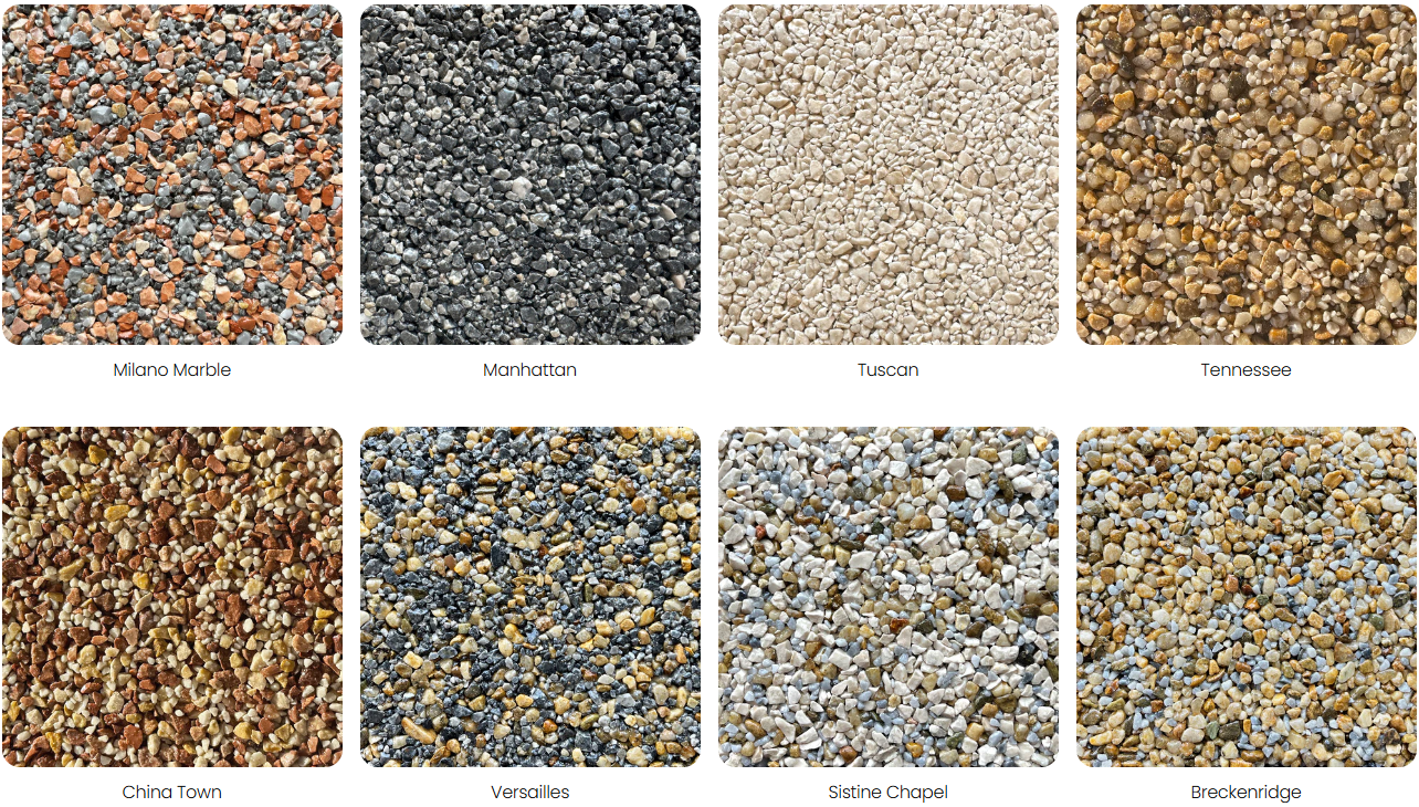 A collage of eight different types of small gravel stones, each labeled with a city or name: Milano Marble, Manhattan, Tuscan, Tennessee, China Town, Versailles, Sistine Chapel, Breckenridge.