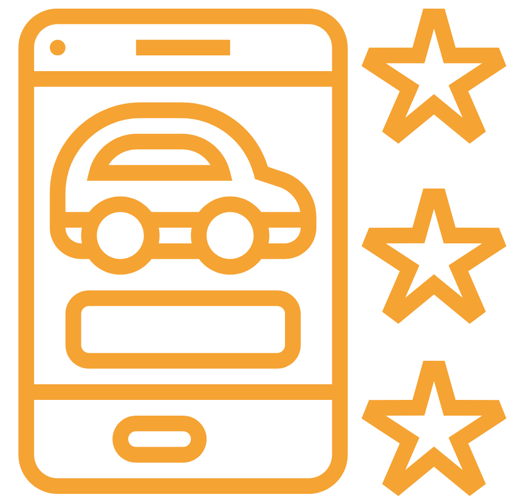 Icon of a smartphone with a car on its screen and three stars on the right side, indicating a five-star vehicle review or rating.