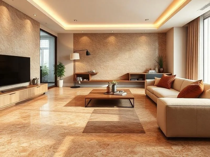 Modern living room with beige sectional sofa, orange pillows, wooden coffee table, TV on a low wooden stand, potted plants, and large windows with curtains, illuminated by recessed and cove lighting.