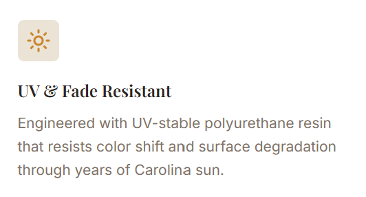 UV and fade resistant label with sun icon and text describing UV-stable polyurethane resin