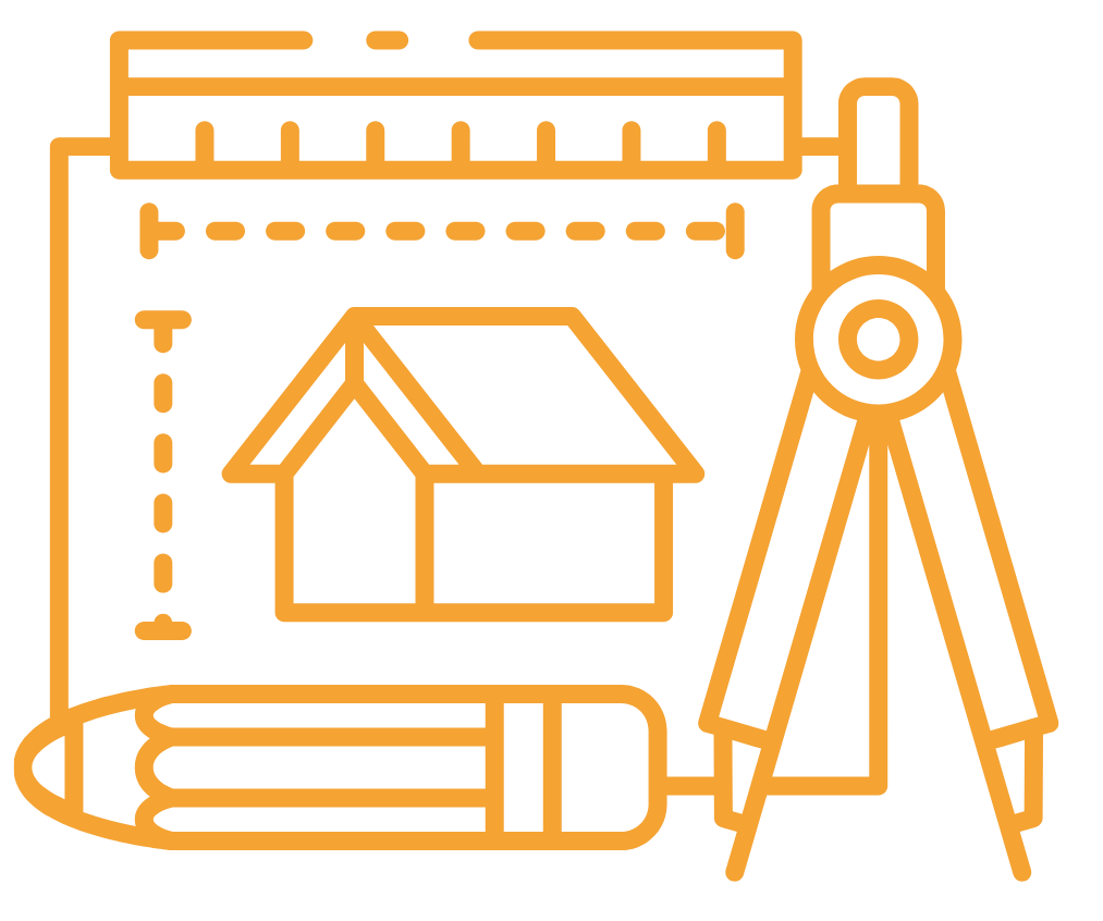 An orange line drawing of architecture and engineering tools, including a ruler, a compass, a pencil, and a 3D house model in a blueprint style.
