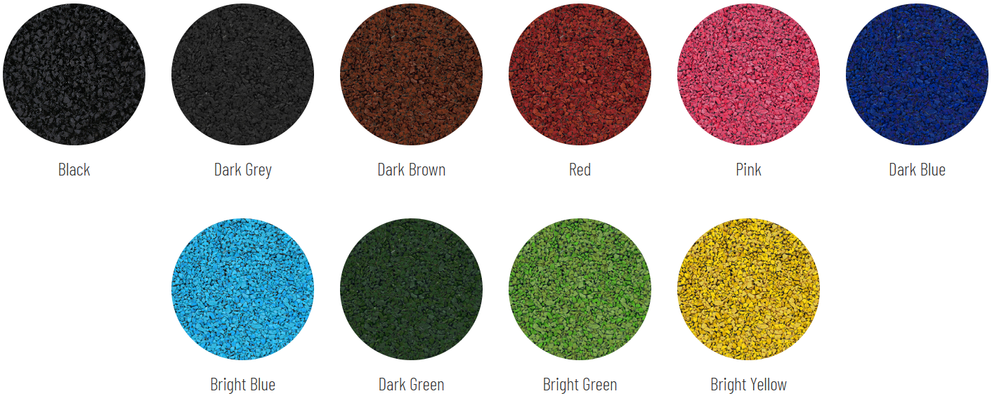 Color palette with 10 circles of textured colors, labeled from left to right and top to bottom: Black, Dark Grey, Dark Brown, Red, Pink, Dark Blue, Bright Blue, Dark Green, Bright Green, Bright Yellow.