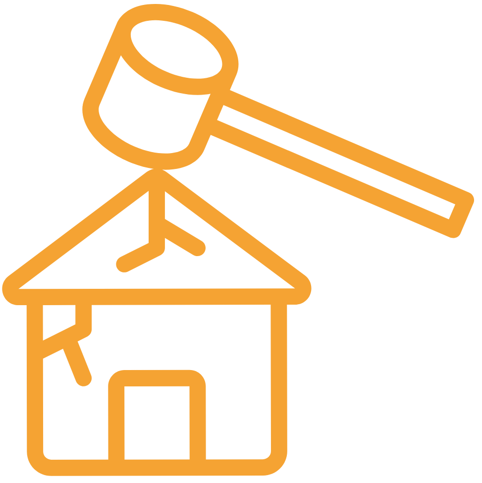 Outline drawing of a small house with a weather vane on the roof and a telescope pointing at the sky.