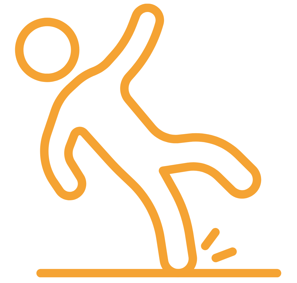 Minimalist orange line drawing of a person falling or slipping.