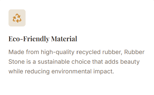 Text about eco-friendly material made from recycled rubber and stone for environmental sustainability.