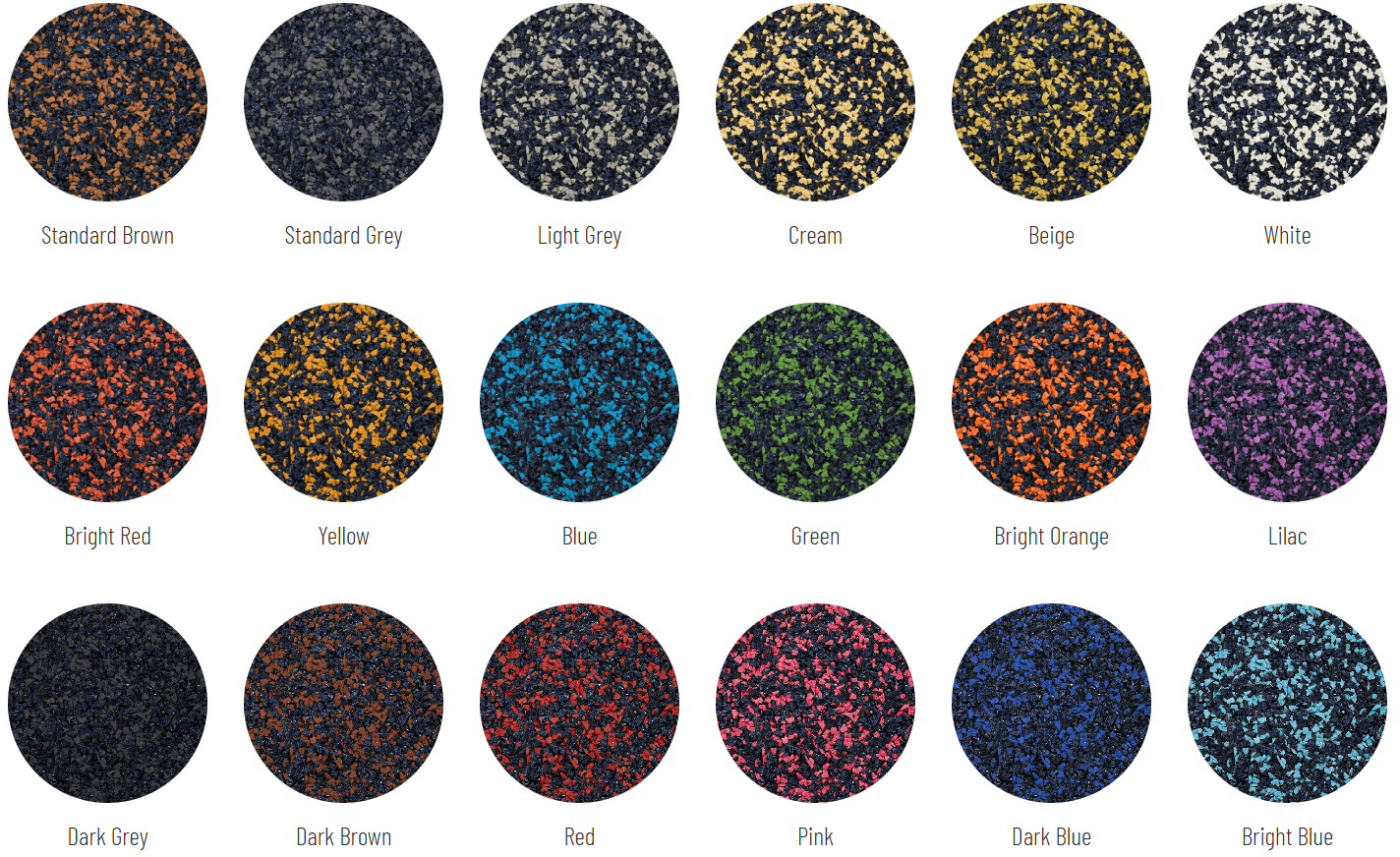 Swatches of various carpet colors arranged in three rows, including Standard Brown, Standard Grey, Light Grey, Cream, Beige, White, Bright Red, Yellow, Blue, Green, Bright Orange, Lilac, Dark Grey, Dark Brown, Red, Pink, Dark Blue, Bright Blue.