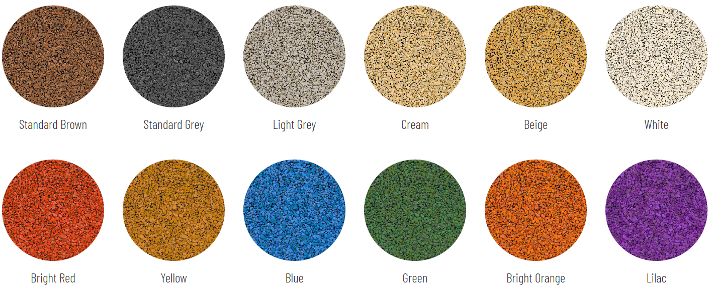 Collection of twelve colored gravel samples arranged in two rows, labeled as Standard Brown, Standard Grey, Light Grey, Cream, Beige, White, Bright Red, Yellow, Blue, Green, Bright Orange, and Lilac.