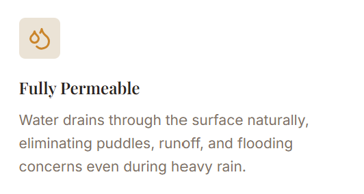 Text explaining the permeability of water through surfaces, highlighting natural drainage and flood prevention.