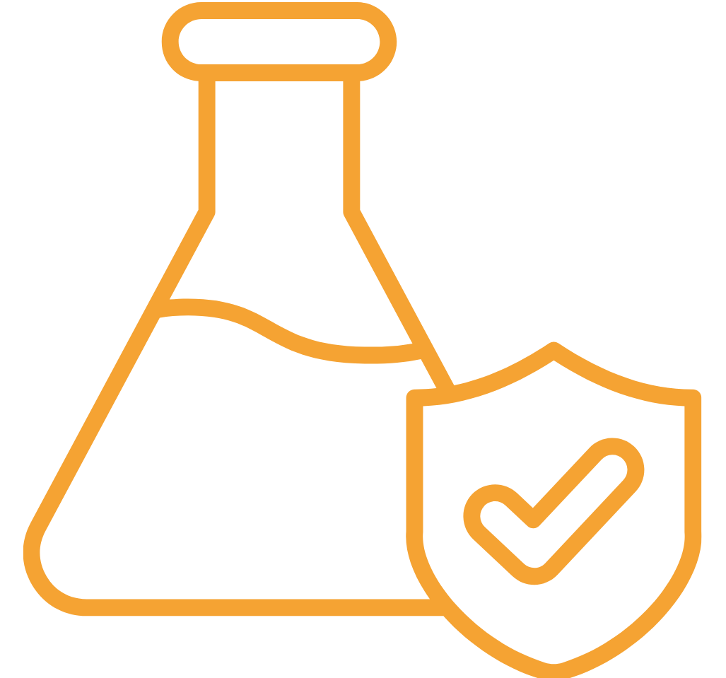 Outline of a laboratory flask with a shield displaying a checkmark, indicating safety or protection.