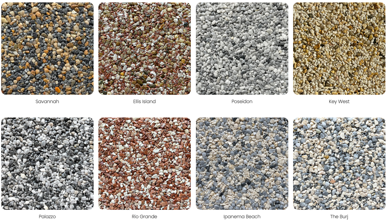 A collection of eight different types of gravel, each labeled with names: Savannah, Ellis Island, Poseidon, Key West, Palazzo, Rio Grande, Ipanema Beach, The Burj.