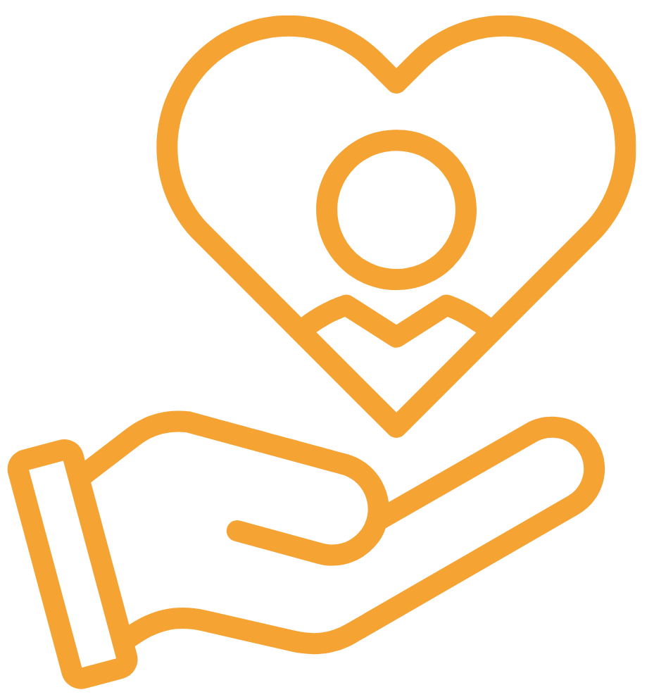 An orange outline of a hand holding a heart-shaped object with a circular cutout in the center.