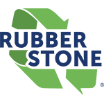 Logo with the words 'RUBBER STONE' and a stylized green leaf