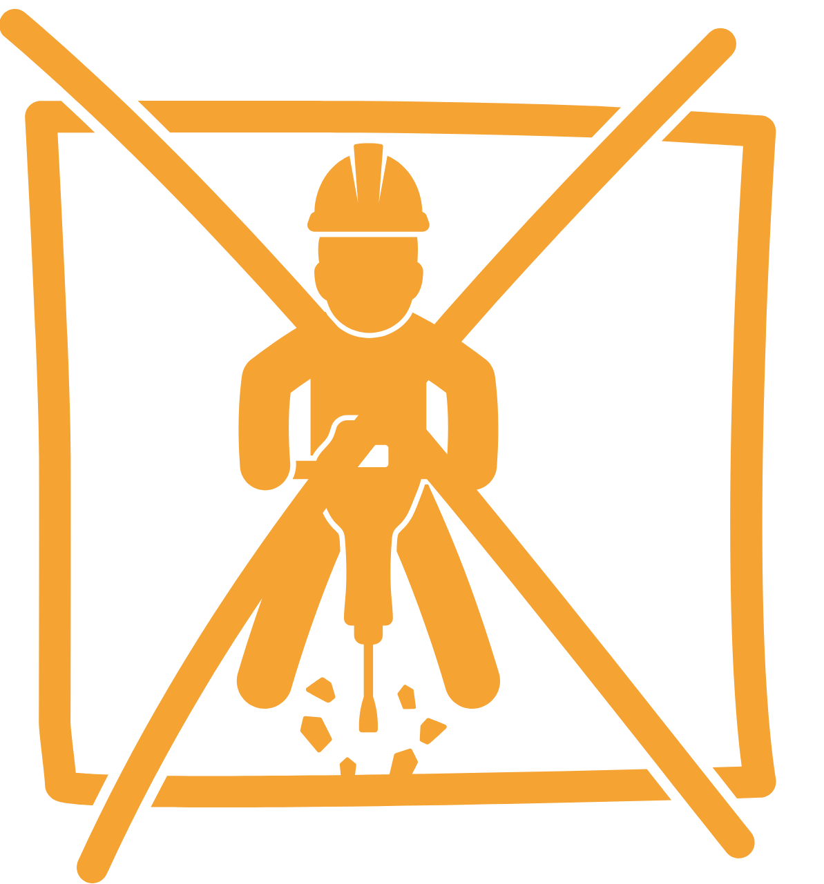 Safety sign indicating work at height, with a person wearing a hard hat, falling debris, and a crossed-out icon.
