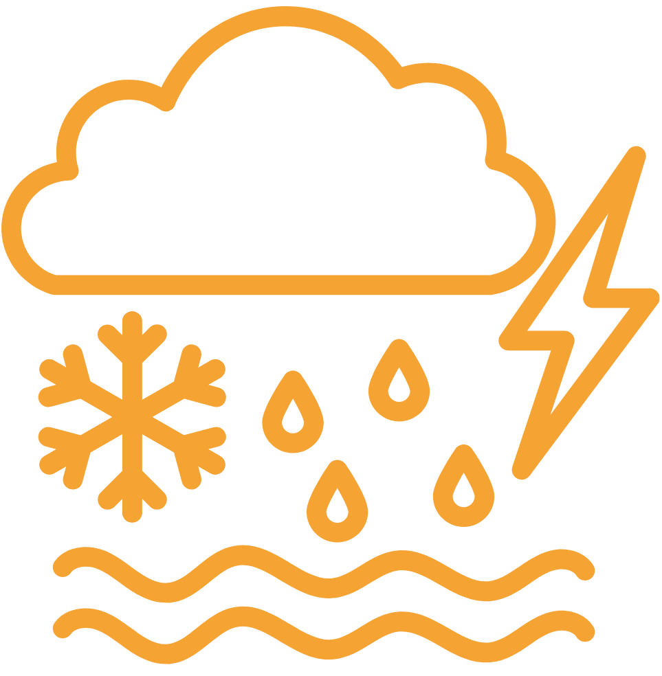 Icon of a cloud with snowflakes, raindrops, and lightning, representing weather conditions such as snow, rain, and thunderstorms.