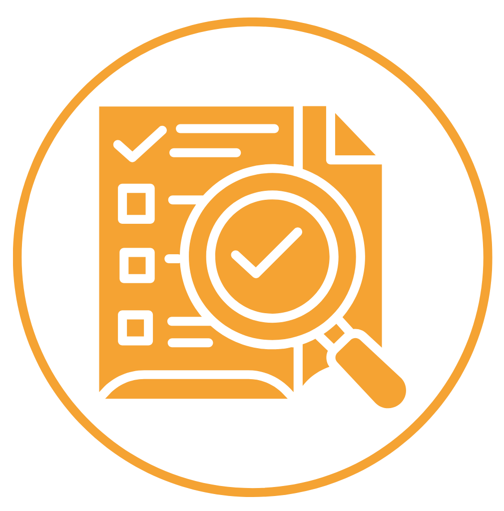 Icon of a document with checkmarks and lines, magnifying glass with a checkmark, all in orange and black, representing quality control or review process.