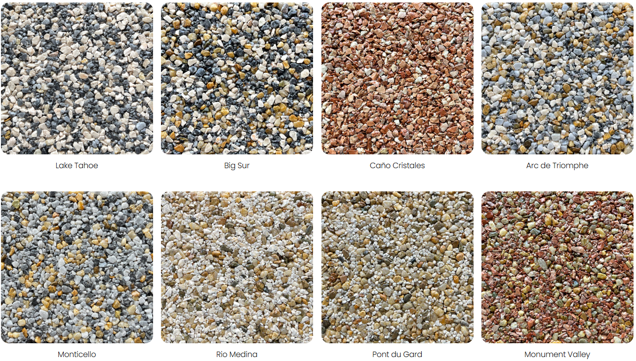 Collection of eight different gravel textures with individual labels: Lake Tahoe, Big Sur, Cañón Cristales, Arc de Triomphe, Monticello, Río Medina, Pont du Gard, and Monument Valley.