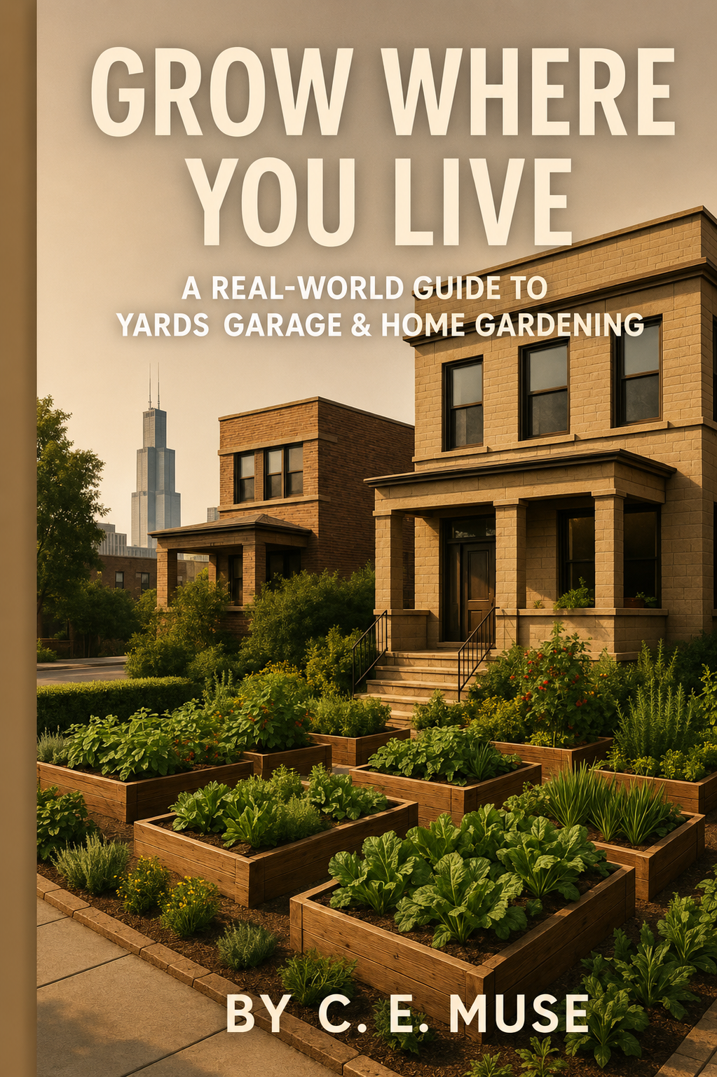 A book cover featuring a suburban scene with two brick homes and a front yard vegetable garden, under an overcast sky, with the title 'Grow Where You Live' and subtitle 'A Real-World Guide to Yards Garage & Home Gardening' by C. E. Muse.