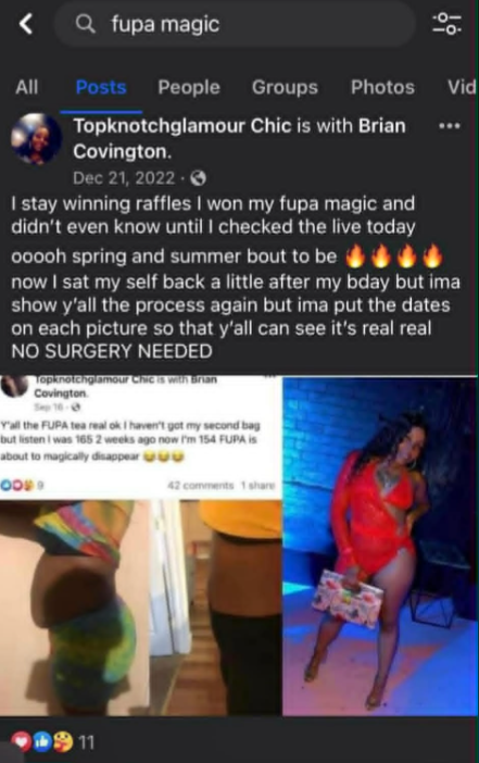 Screenshot of a Facebook post about winning a FUPA magic contest, showing before and after photos of a woman's body transformation, highlighting a flatter abdomen.