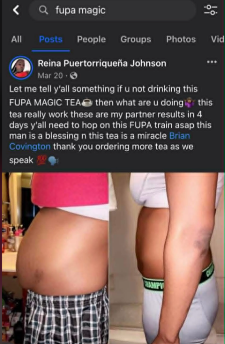 Comparison of two women's midsections, one with a rounder belly and the other with a slimmer waist, with a Facebook post about FUPA magic tea above.