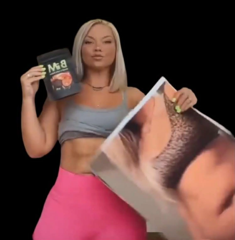 A woman with platinum blonde hair holding a bag of B&W coffee in her left hand and a large, partially visible photograph of a woman's face, with makeup and jewelry, in her right hand.