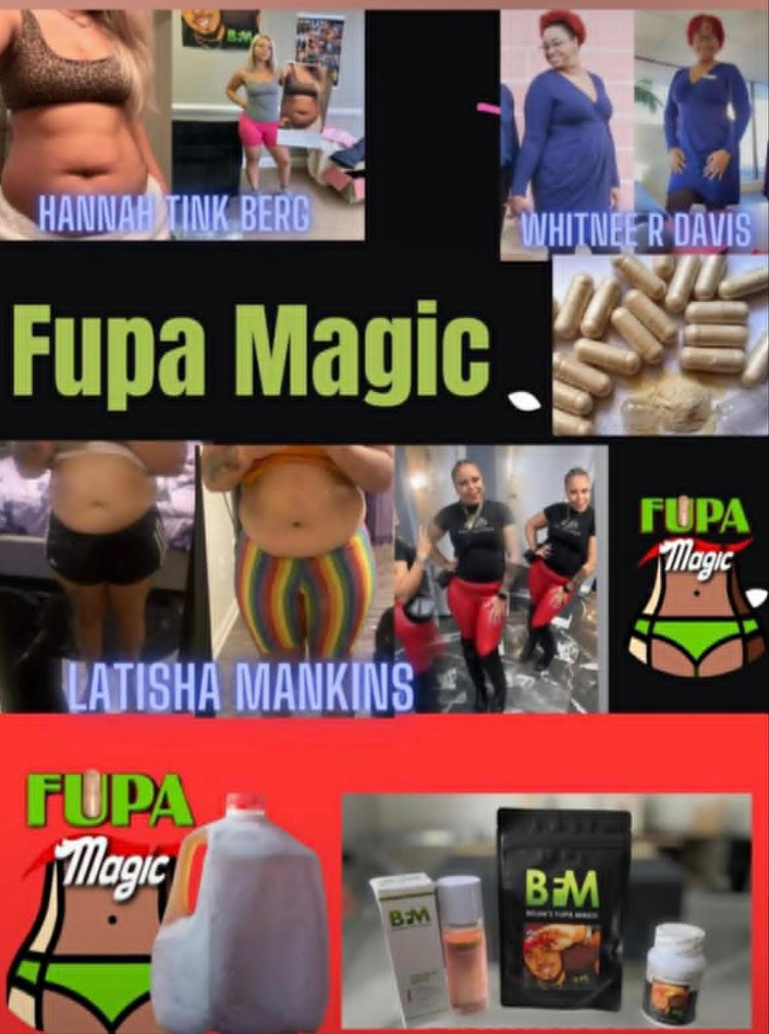 Collage of images including women with different body types, fitness activities, supplement bottles, and the logo 'Fupa Magic' with stylized female figures and text.