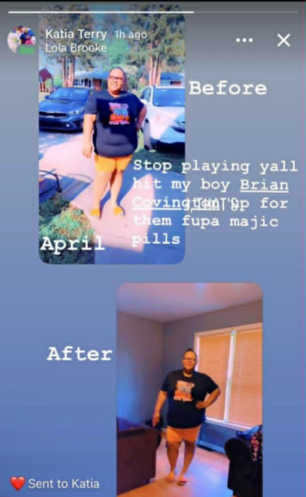 Comparison of a woman's appearance before and after taking pills, showing her standing outside in summer clothing in the first image and indoors in the second image.