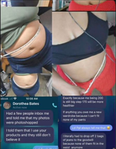 Close-up of a person's midsection showing a belly with some loose skin and a weight scale. The person is wearing a dark top and red pants and has earbuds.
