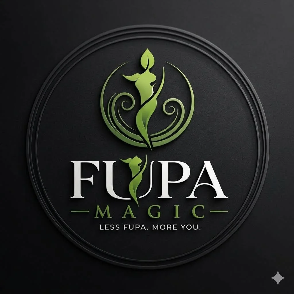 Logo for Fupa Magic featuring a green stylized plant with a face, the words "Fupa Magic" and the tagline "Less Fupa. More You" on a dark background.