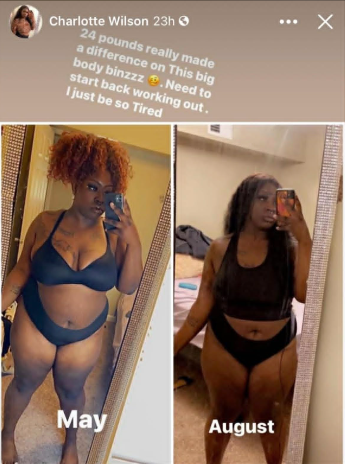 Side-by-side mirror selfies of a woman in black lingerie taken in August and May, showing her weight loss progress.