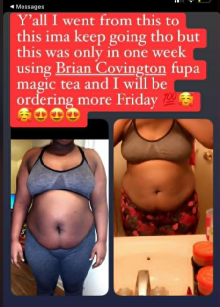 Side-by-side before and after photos of a woman showing weight loss transformation, with a text message explaining her progress using a product.
