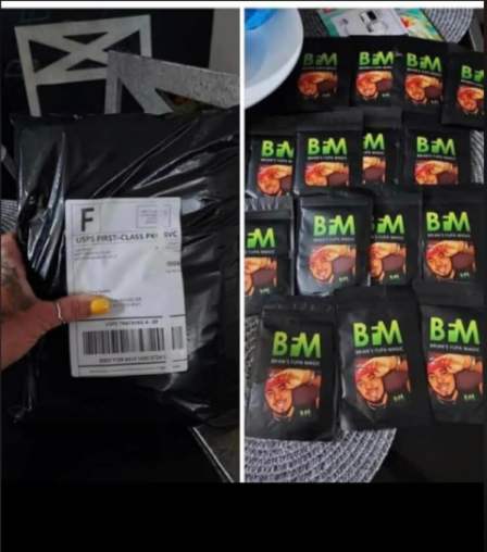 Image shows a package of black plastic with a USPS label, and multiple small black packets with green and orange labels, displaying a picture of a person on each.