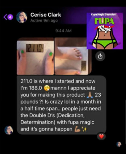Screenshot of a messaging app conversation about weight loss progress, showing a person’s feet, a digital scale reading 211.0, and a message about weight change from 211.0 to 188.0 pounds, with mentions of Fupa Magic Capsules.