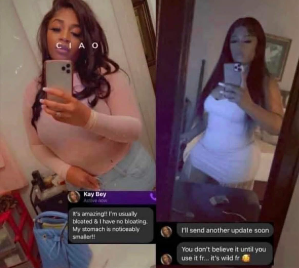 Side by side mirror selfies of two women taking photos with their phones, one with dark wavy hair in a pink top, the other with red hair in a white dress; a text conversation about bloating is overlaid on the images.