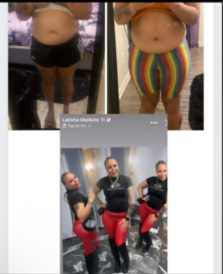 A collage of three photos showing a woman before and after weight loss, and a separate picture of her posing with two other women in fitness attire.