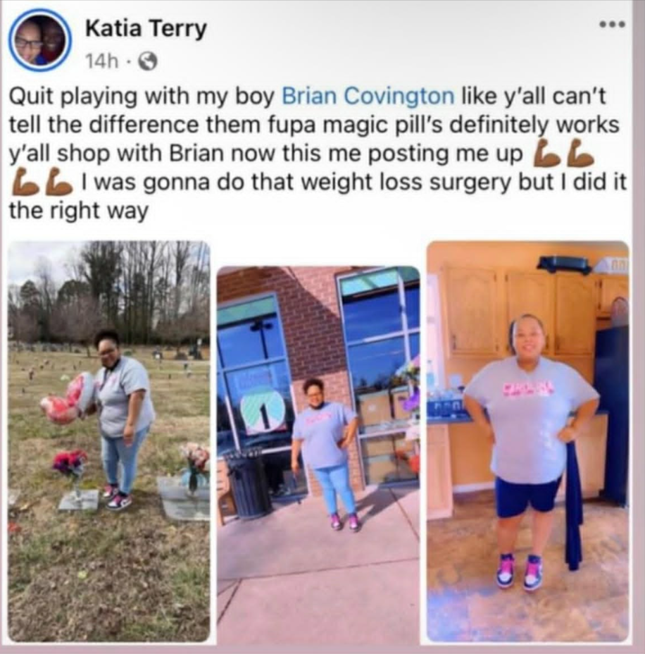 A woman sharing three photos of her weight loss transformation, showing her progress over time.