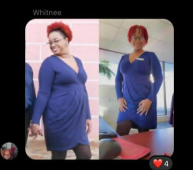 Side-by-side photos of a woman with short curly red hair wearing a blue dress, smiling in one photo and standing with her hand on her hip in the other.