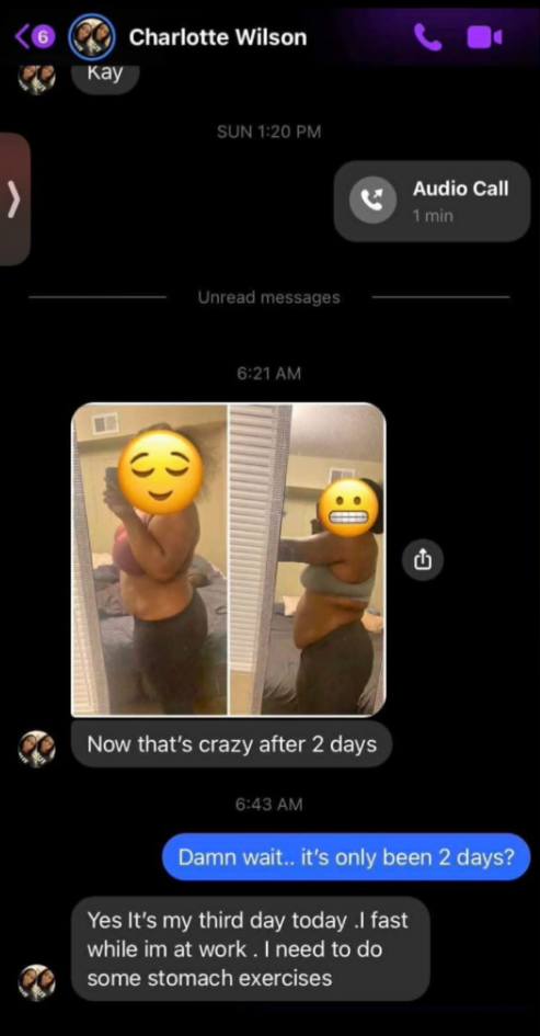 Text message exchange showing photos of a woman before and after two days, with comments about weight loss and stomach exercises.