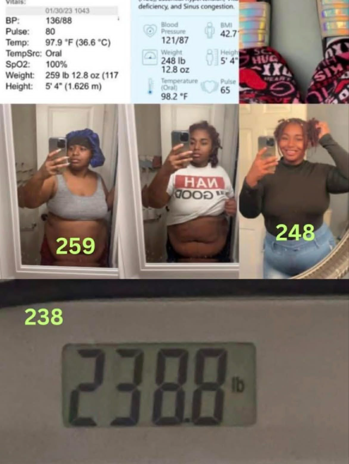 Series of three mirror selfies showing a woman's weight loss journey, with the weights 259 lbs, 238 lbs, and 248 lbs displayed below each photo. The scale reading at the bottom shows 238 lbs. Medical data at the top includes blood pressure 121/87, pu