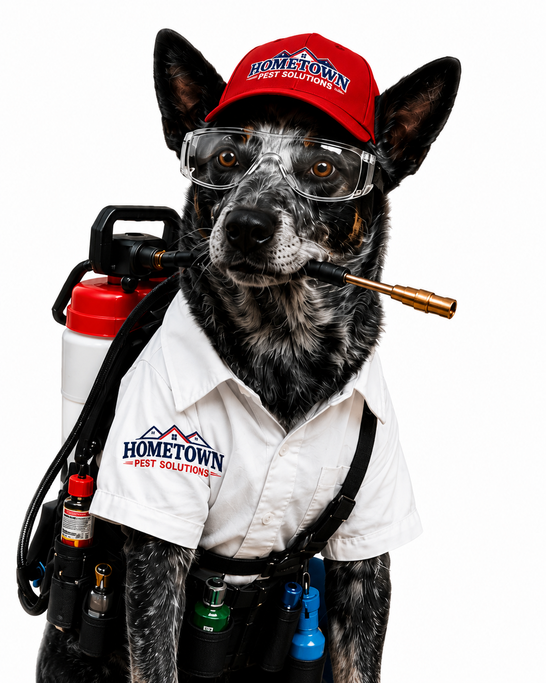 A dog dressed as a pest control technician, wearing a white shirt with the Hometown Pest Solutions logo, a red cap, safety glasses, and carrying pest control equipment.